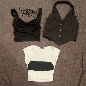 Set of 3 Black and White Tops - lace cropped, color block, halter collar